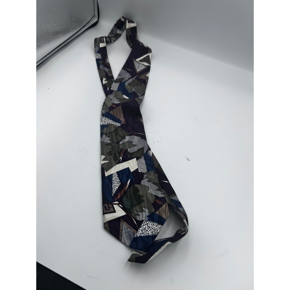 Cellini Collection Mens Geometric Abstract Floral Silk Blend Tie Navy Green Grey